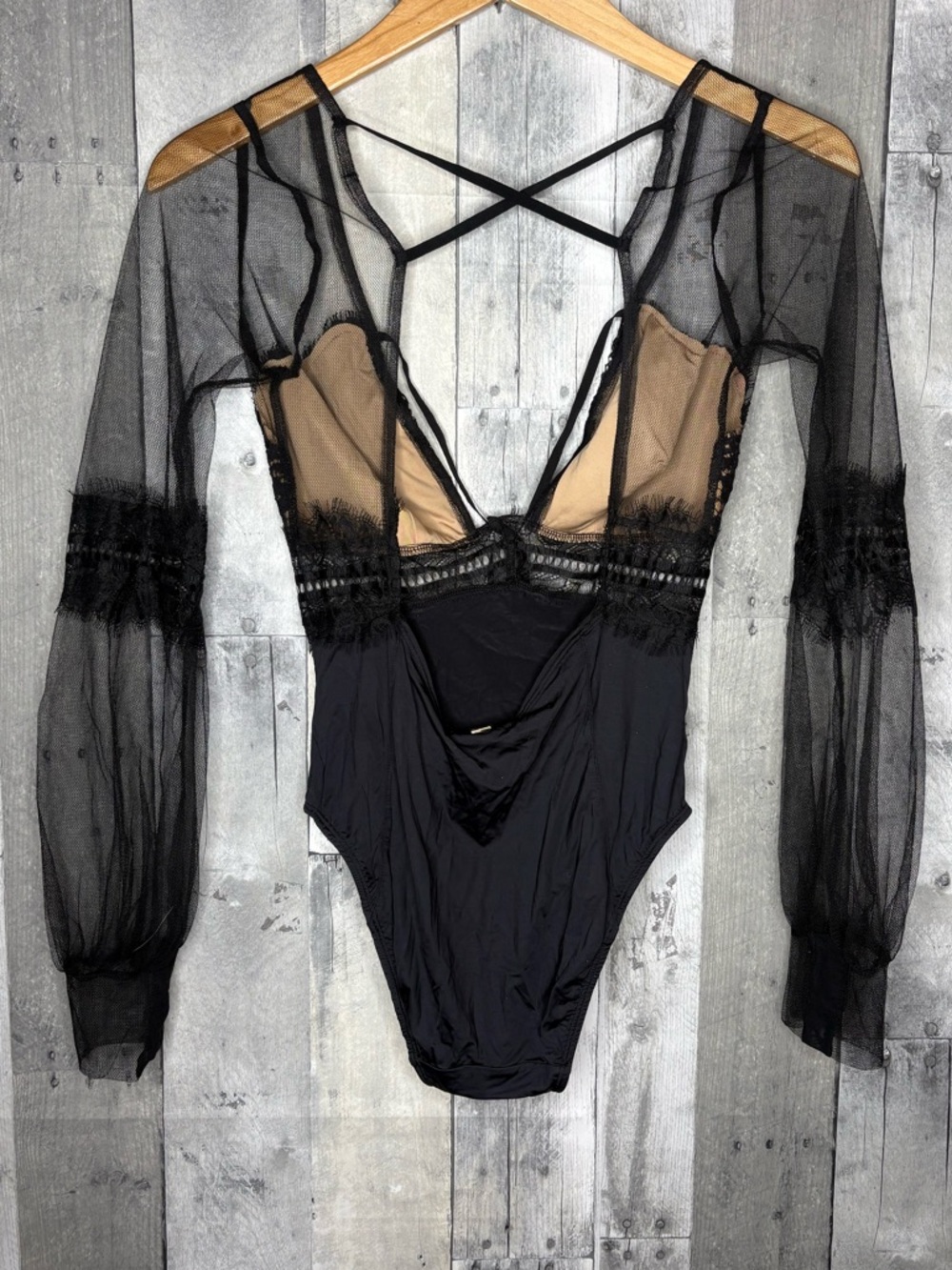For Love & Lemons Anika Teddy Bodysuit Black Sheer Lace V-Neck NWT size small - Picture 6 of 8